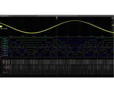 Channel 2 has a TLP058 Logic Probe connected to the eight inputs of a DAC. Notice the green and blue color coding, where ones are green and zeros are blue. Another TLP058 Logic Probe on Channel 3 is probing the SPI bus driving the DAC. The white edges indicate higher frequency information is available by either zooming in or moving to a faster sweep speed on the next acquisition.